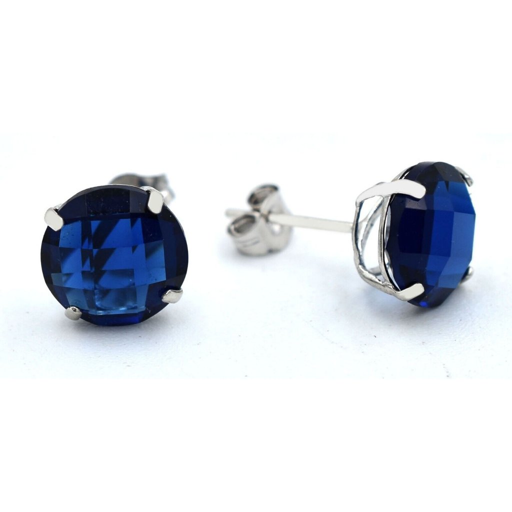 Blue Sapphires Checkerboard 4.90 Cts Stud Earrings 14k White Gold